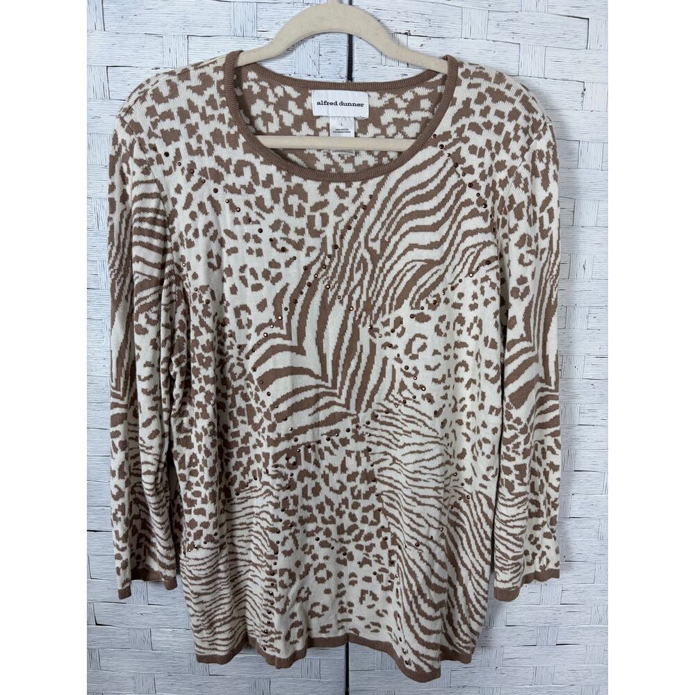 Alfred Donner women's sweater animal print rhinestones eclectic grandma soft‎